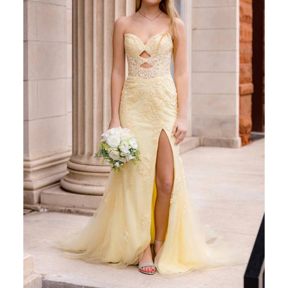 NEW AMARRA sweetheart prom dress with lace appliqué and cutouts in yellow
